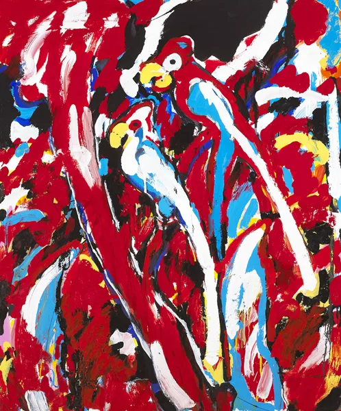 TWO PARROTS by Michael Cullen, c.1984, oil on canvas, sold Nov 2013