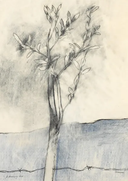 A FLOWERING POST by Terence P. Flanagan, 1980, charcoal and chalk pastel over pencil with incising, sold Nov 2013