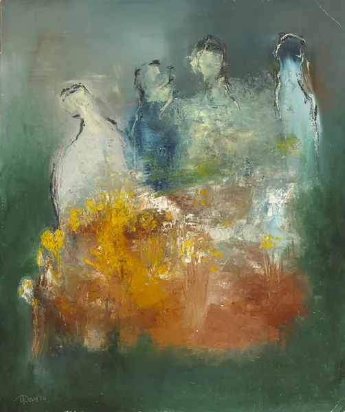 Gerald Davis, AND THE FLOWERS STILL GREW, 1974 and SUMMER LANDSCAPE, 1972 (A PAIR), acrylic on board