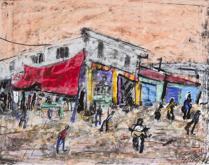Philip Kelly, STREET CORNER, MEXICO, 1992, watercolour over pen and ink with pastel on paper