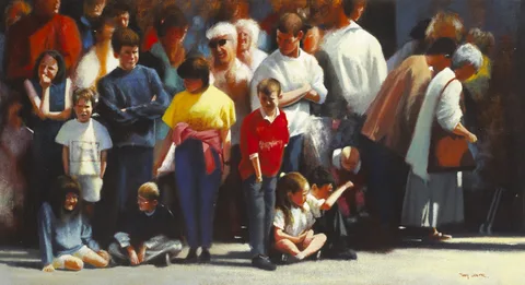 WATCHING THE GALWAY ARTS FESTIVAL PARADE by Jimmy Lawlor, oil on canvas, sold Nov 2013