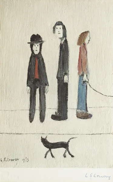 THREE MEN AND A CAT by L. S. Lowry, 1963, colour print, sold Sep 2013