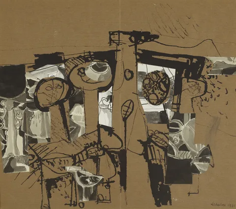 Nevill Johnson, LANDSCAPE WITH FIGURES AND BIRD, 1971, pen and ink on brown paper with collage element
