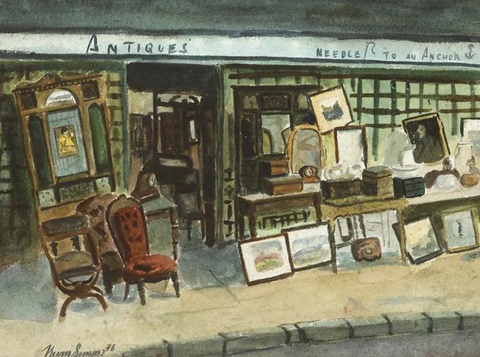 PAVEMENT ANTIQUES, DUBLIN by Kevin Simms, 1976, watercolour; (1); linoprint; (1), offered Sep 2013