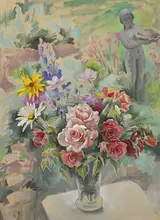 Frances J. Kelly, STILL LIFE OF FLOWERS AND NYMPH WITH SHELL