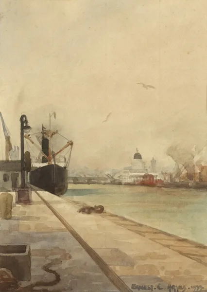 CUSTOM'S HOUSE FROM CITY QUAY [1933] and LANDSCAPE, NORTH COUNTY DUBLIN by Ernest Columba Hayes, c.1942-1943, watercolour; (2), sold Sep 2013