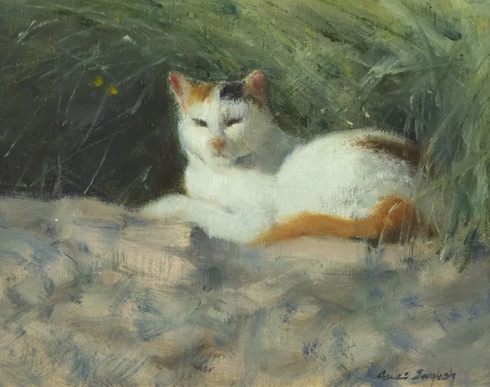 RESTING CAT by James English, oil on board, offered Sep 2013