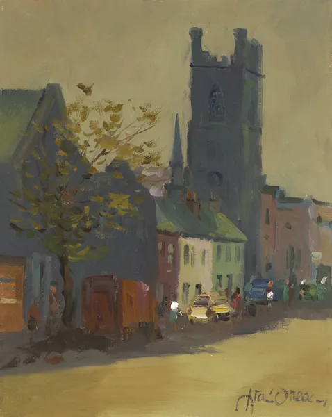 STREETSCAPE by Liam Treacy, oil on board, offered Sep 2013