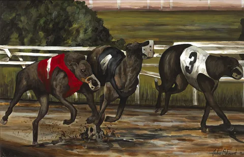 GREYHOUND RACING by John Stewart, 2011, oil on board, sold Sep 2013