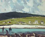 Henry Healy, FIGURES BY THE SHORE WITH COTTAGES AND MOUNTAIN BEYOND, ACHILL, COUNTY MAYO