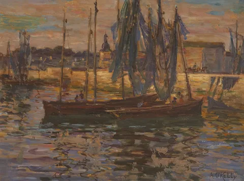 FISHING BOATS AT CONCARNEAU, FRANCE by Aloysius C. OKelly, oil on board, sold Mar 2013