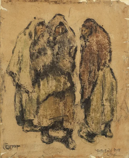 THREE SHAWLIES, SMITHFIELD by William Conor, 1908, crayon on paper, offered Mar 2013
