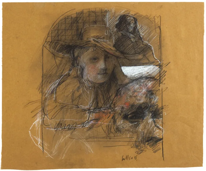 STUDY AFTER REMBRANDT by Charles Cullen, 1985, charcoal and pastel on tinted paper, offered Mar 2013