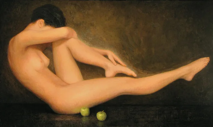NUDE BALANCING WITH TWO APPLES by Stuart Morle, oil on canvas laid on board, sold Mar 2013