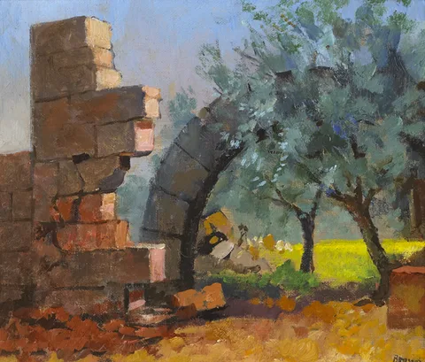 Bob Brown, RUIN ARCH, SYRIA, VILLAGE IN FARS PROVINCE and CONVERSATIONS, FRIDAY MOSQUE, YAZD, IRAN (SET OF 3), oil on board; (3)