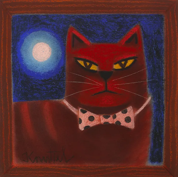 RED CAT WITH DICKY BOW by Graham Knuttel, oil pastel on paper, sold Mar 2013