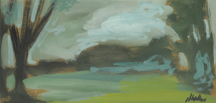 A PATH THROUGH TREES and LAKE LANDSCAPE (A PAIR) by Markey Robinson, gouache, sold Mar 2013