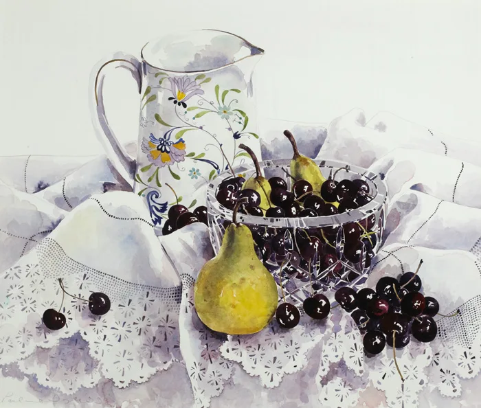 STILL LIFE WITH PEARS AND CHERRIES by Pauline Doyle, 1999, watercolour, sold Mar 2013