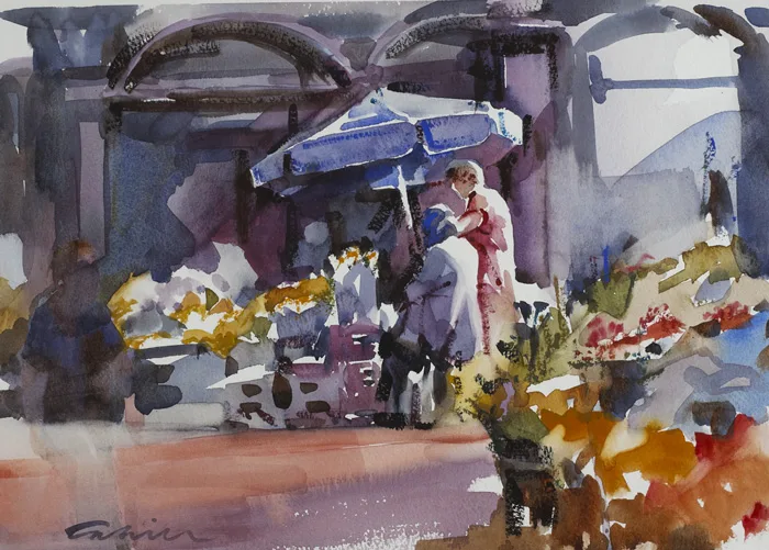 Patrick Cahill, BLUE SHADE - FLOWER SELLERS, GRAFTON STREET, DUBLIN, watercolour