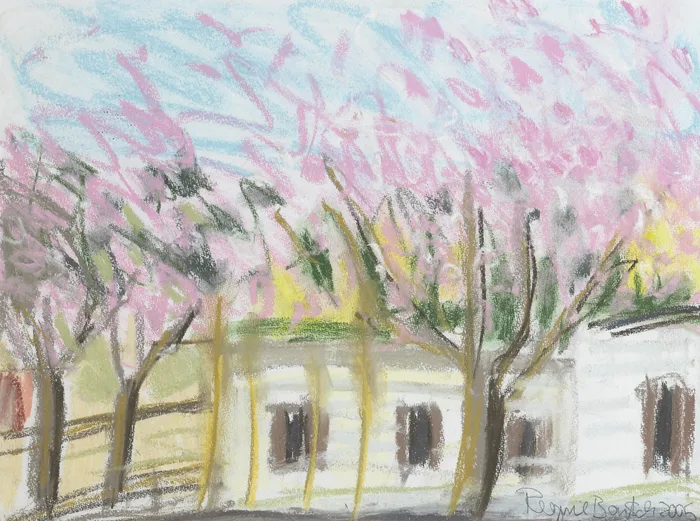 CHERRY BLOSSOM, CARAVAN PARK by Regine Bartsch, 2005, oil pastel on paper, offered Dec 2012