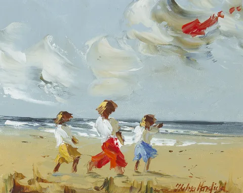 Thelma Mansfield, CHILDREN WITH A RED KITE, oil on canvas board