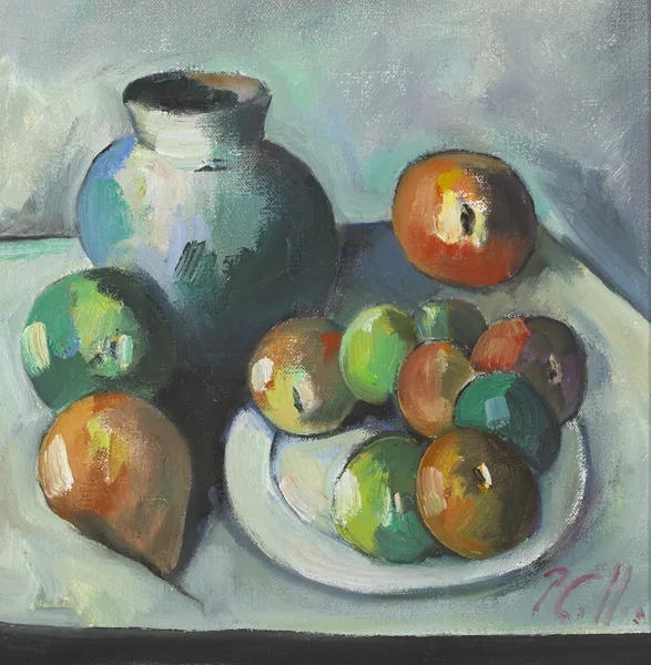 FRUIT PLATE WITH BLUE JUG by Peter Collis, oil on canvas, sold Dec 2012