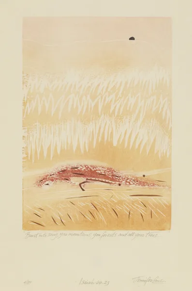 BURST INTO SONG, YOU MOUNTAINS, YOU FOREST by Jennifer Lane, woodblock, offered Dec 2012