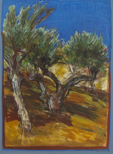 OLIVE GROVE, EXTREMADURA by Brian Bourke, 2007, gouache with pastel and mixed media on paper, sold Dec 2012