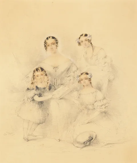 Edward Hayes, PORTRAIT OF A MOTHER AND HER THREE DAUGHTERS, watercolour over pencil