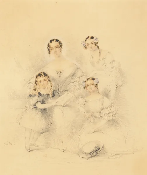 Edward Hayes, PORTRAIT OF A MOTHER AND HER THREE DAUGHTERS, watercolour over pencil