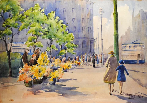 Eva Porter, CITY SCENE WITH FLOWER SELLERS, watercolour
