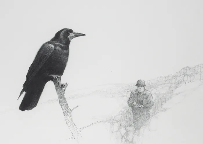 James English, BIRD WATCHING MAN, charcoal and pencil on paper