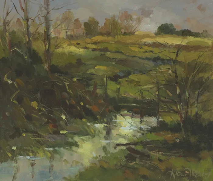 FARMLAND WITH STREAM by Liam Treacy, oil on board, sold Dec 2012