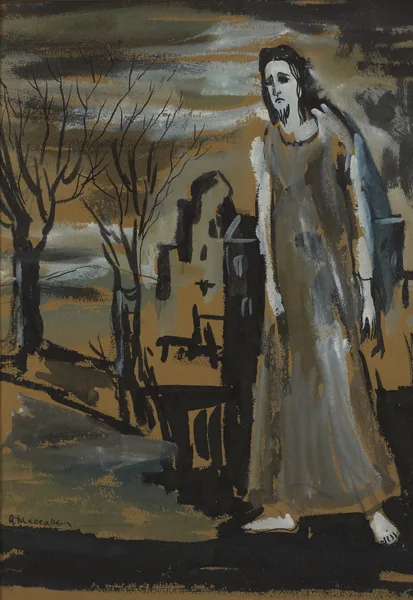 MAN WITHIN A DESOLATE LANDSCAPE by Gladys Maccabe, gouache on buff-coloured paper, offered Dec 2012