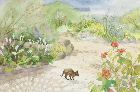 Clare Cryan, PATHWAY WITH BURMESE CAT AND HOUSE IN THE DISTANCE, 1998, watercolour