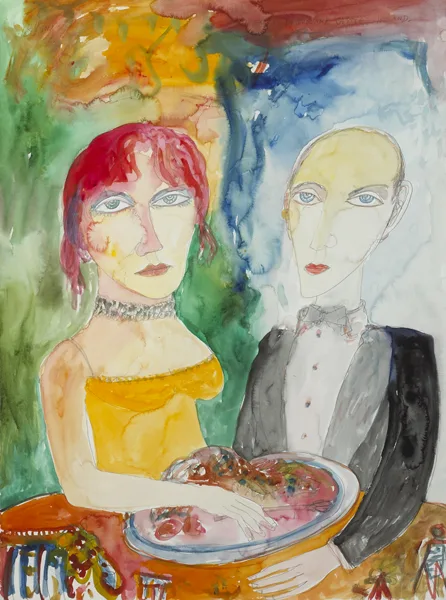 DINNER AT DROMOLAND CASTLE by John Bellany, watercolour over pencil on paper, sold Dec 2012