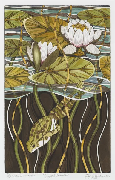 FROG AND WATERLILIES by Poppy Melia, 2000-2004, etching with aquatint, watercolour and metalics; (no. 1 from an edition of 6), sold Dec 2012