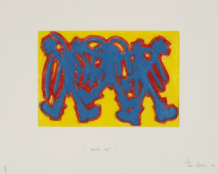 HANDS UP by Tom Phelan, 1996, colour woodblock; (artist's proof), offered Dec 2012
