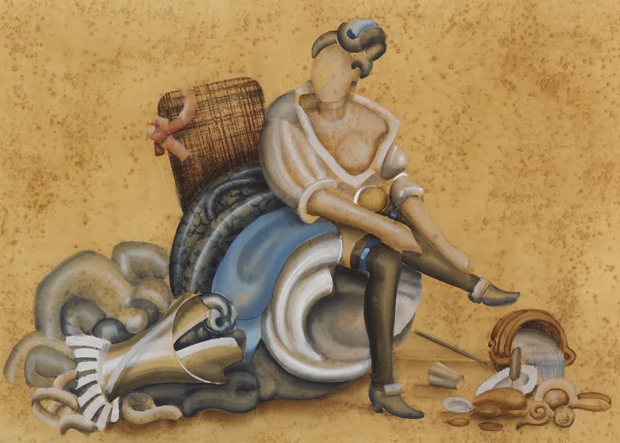 John Kindness, BROTHEL SCENE, 2007 (FROM A RAKE'S PROGRESS AFTER HOGARTH), charcoal and gouache on tea stained paper