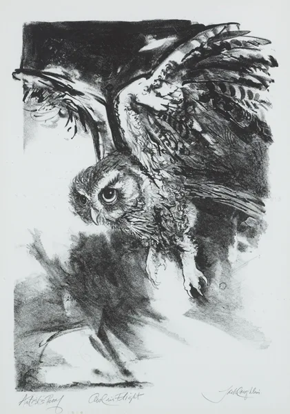 OWL IN FLIGHT by Jack Coughlin, 1978, etching; (artist's proof), offered Dec 2012