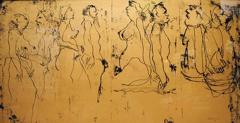 Pat Connor, FAMILY OF MAN, 1970, ink on buff-coloured paper