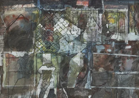 ABSTRACT by David Crone, watercolour with mixed media and collage element on paper, offered Dec 2012