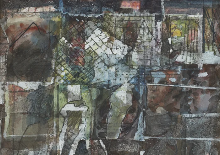 ABSTRACT by David Crone, watercolour with mixed media and collage element on paper, offered Dec 2012