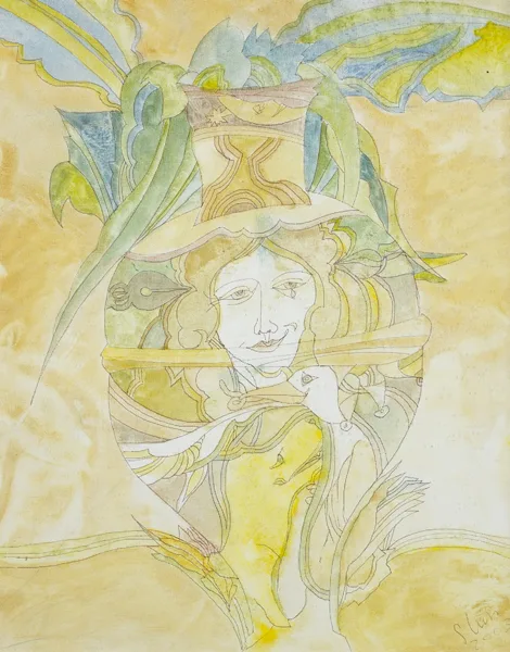 Piet Sluis, MAGICAL URN WITH MUSE, 2003, acrylic ink over pen on canvas board