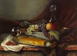 Ken Hamilton, STILL LIFE WITH BREAD, WINE AND STRAWBERRIES