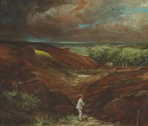 Jack Cudworth, FIGURE HERDING SHEEP BY THE COAST, 1973, oil on board