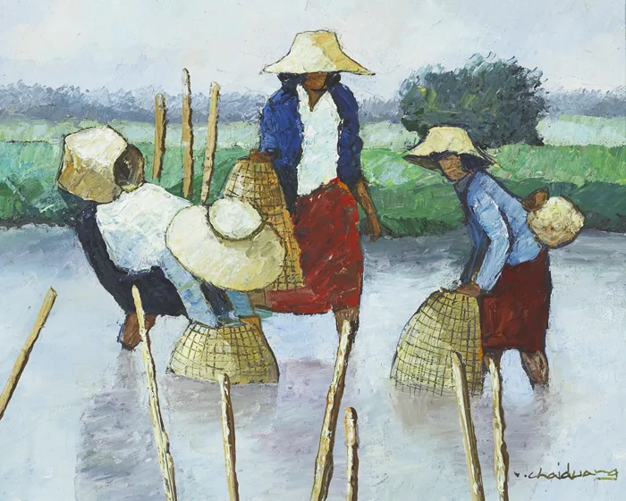 Viboon Chaidauang, WOMEN IN RICE FILDS, oil on canvas
