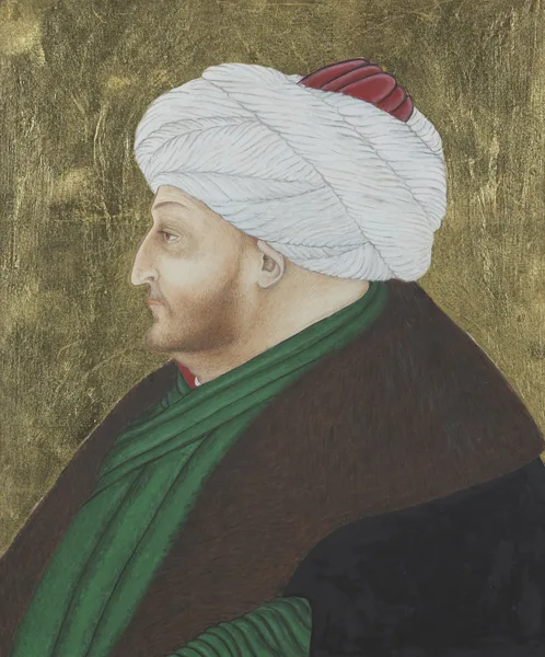 Sebahattin Basaran, PORTRAIT OF FATIH SULTAN MEHMET AFTER THE 15TH CENTURY OTTOMAN MINIATURIST EXAMPLE IN THE SARAYI ALBUMS, ISTANBUL, gouache on paper with gold paint