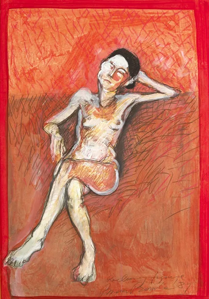 RECLINING FIGURE by Brian Bourke, 1989, mixed media with gouache on paper, offered Nov 2012