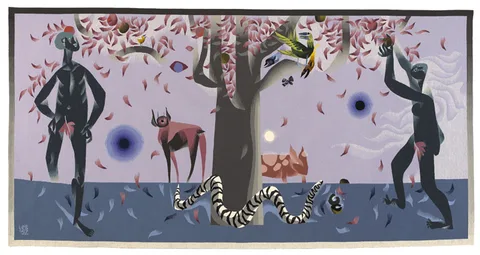 Louis le Brocquy, ADAM AND EVE IN THE GARDEN, 1950-1952, colour-inverted Aubusson tapestry, Atelier René Duché; (no. 4 from an edition of 9)